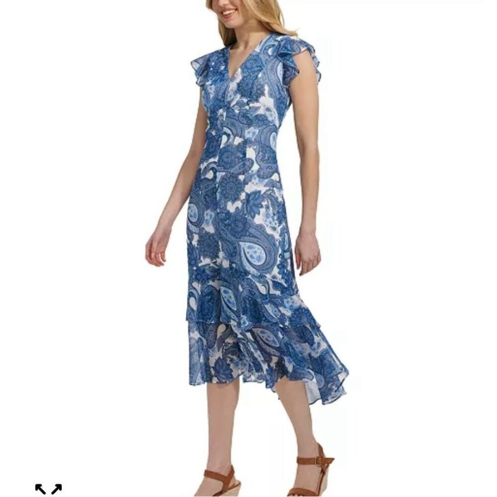Tommy Hilfiger Blue Paisley V-Neck Ruffle Midi Dress